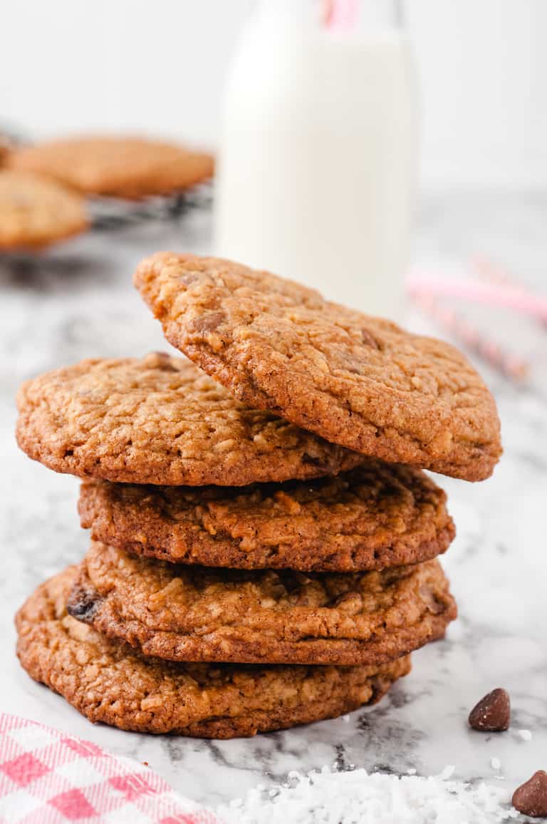 finished oatmeal cookies stacked and ready to eat