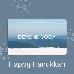 Yoga card with 'Beyond Yoga' branding and 'Happy Hanukkah' text on a mountain landscape background.