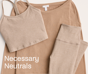 Beige tank top and leggings with 'Necessary Neutrals' text on a light background